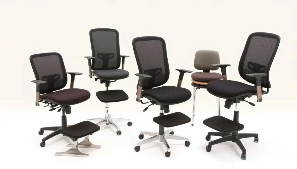 Verschillende hulpmiddelen voor het aanpassen van de fijne zithoogte zoals verstelbare stoelen en voetensteunen Verschillende hulpmiddelen voor het aanpassen van de fijne zithoogte zoals verstelbare stoelen en voetensteunen