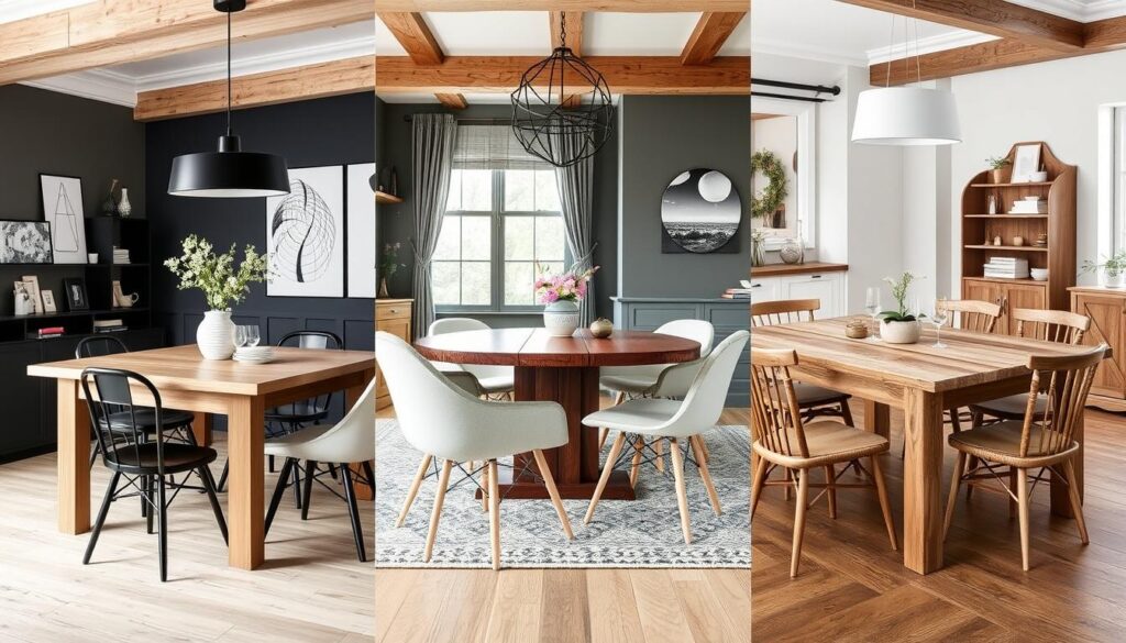 Verschillende interieurstijlen met eikenhouten eettafels en bijpassende stoelen Verschillende interieurstijlen met eikenhouten eettafels en bijpassende stoelen