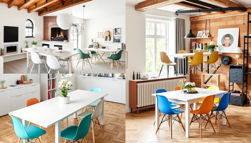 Verschillende interieurstijlen met witte eettafels en kleurrijke stoelen Verschillende interieurstijlen met witte eettafels en kleurrijke stoelen