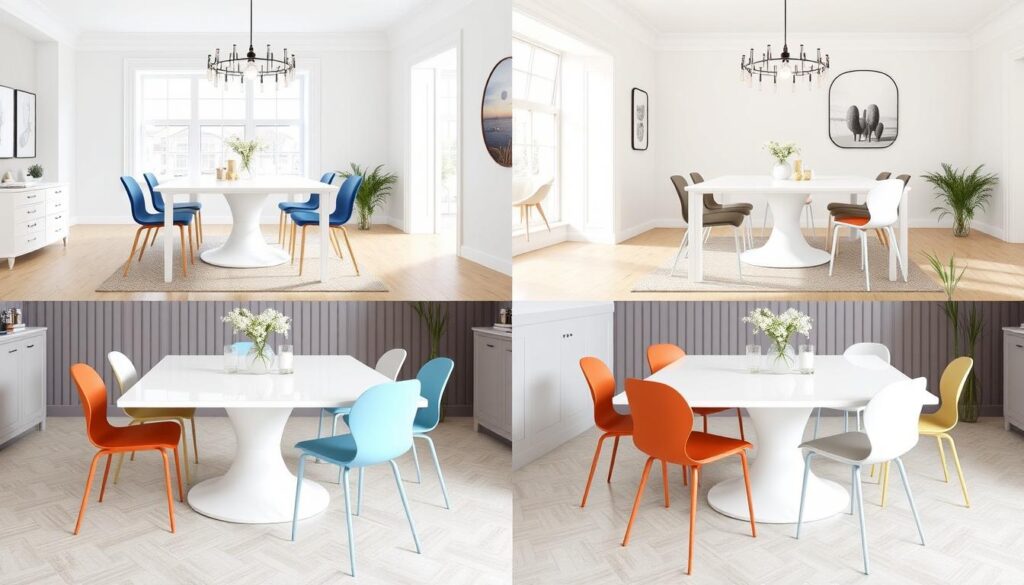 Verschillende kleur stoelen bij witte eettafels in diverse interieurstijlen Verschillende kleur stoelen bij witte eettafels in diverse interieurstijlen
