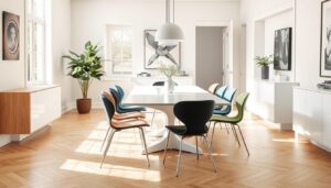 Verschillende kleur stoelen rondom een witte eettafel, waaronder neutrale tinten en contrasterende kleuren