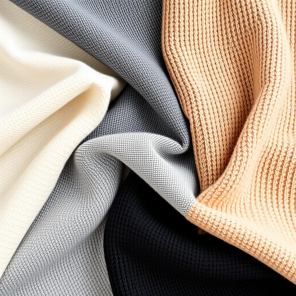 Verschillende kleuren bouclé stoffen naast elkaar uitgestald Verschillende kleuren bouclé stoffen naast elkaar uitgestald