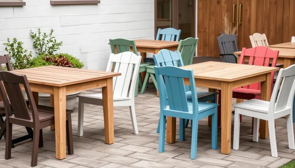 Verschillende kleurencombinaties van tuinstoelen bij lichte en donkere houten tafels, tuinstoelen bij houten tafel in diverse kleuren Verschillende kleurencombinaties van tuinstoelen bij lichte en donkere houten tafels, tuinstoelen bij houten tafel in diverse kleuren