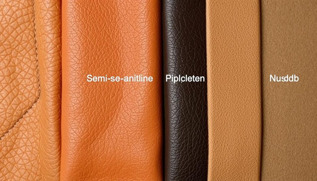 Verschillende leertypen naast elkaar getoond met hun unieke texturen en eigenschappen Verschillende leertypen naast elkaar getoond met hun unieke texturen en eigenschappen