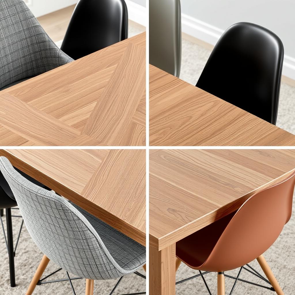 Verschillende materiaalcombinaties van een eetkamerstoel bij een houten eettafel Verschillende materiaalcombinaties van een eetkamerstoel bij een houten eettafel