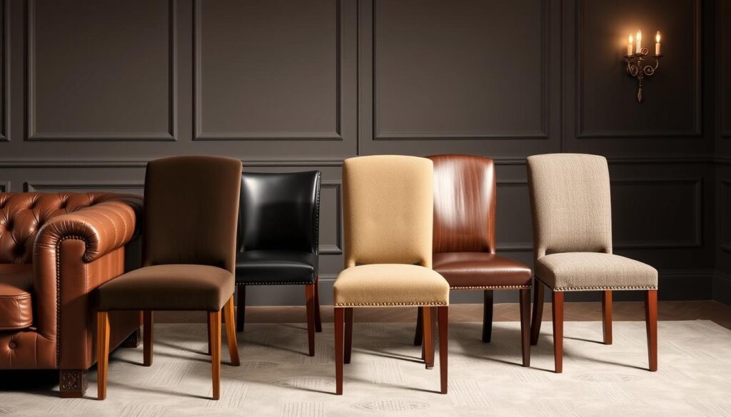 Verschillende materialen eetkamerstoelen naast een bruine leren bank Verschillende materialen eetkamerstoelen naast een bruine leren bank