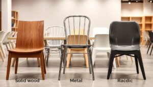 Verschillende materialen eetkamerstoelen waaronder hout, metaal en kunststof naast elkaar getoond om te illustreren hoe lang eetkamerstoelen mee kunnen gaan
