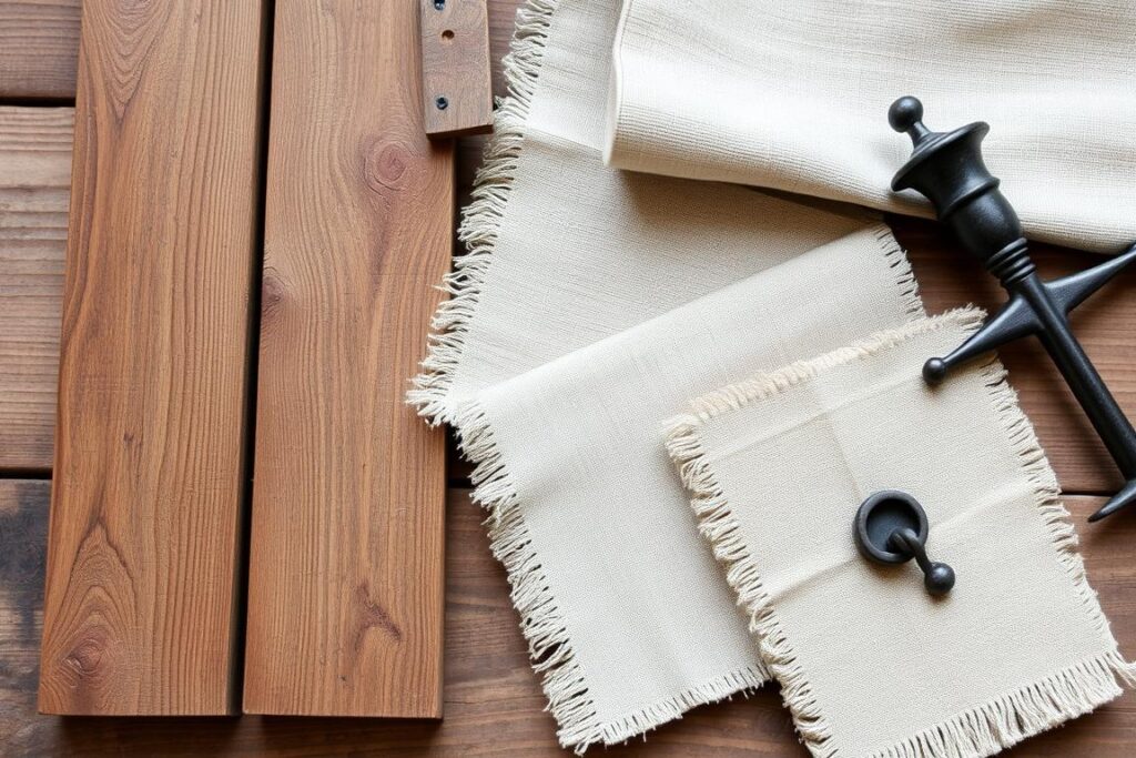 Verschillende materialen gebruikt in landelijke meubels: hout, linnen en smeedijzer