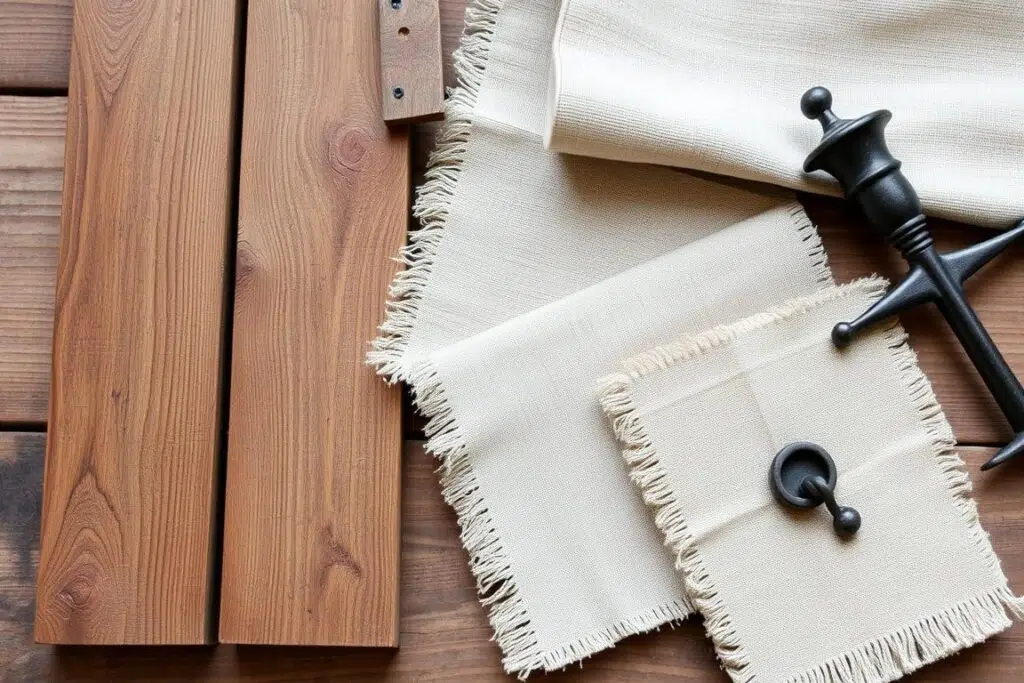 Verschillende materialen gebruikt in landelijke meubels: hout, linnen en smeedijzer Verschillende materialen gebruikt in landelijke meubels: hout, linnen en smeedijzer