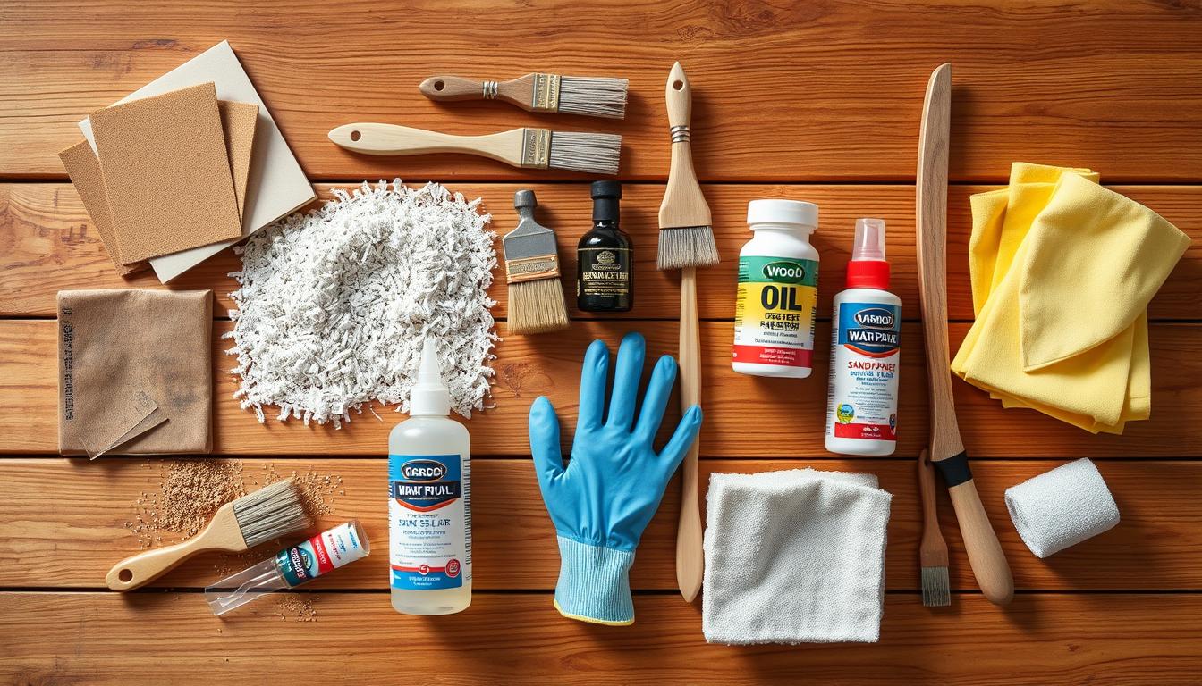 Verschillende materialen om een tafel buitenbestendig te maken waaronder schuurpapier, houtolie, kwasten en beschermingsmiddelen