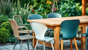 Verschillende materialen tuinstoelen naast een houten tafel, waaronder rotan, metaal en kunststof stoelen bij houten tafel