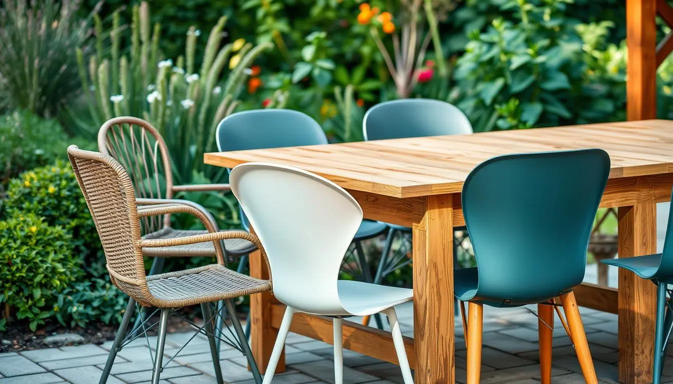 Verschillende materialen tuinstoelen naast een houten tafel, waaronder rotan, metaal en kunststof stoelen bij houten tafel