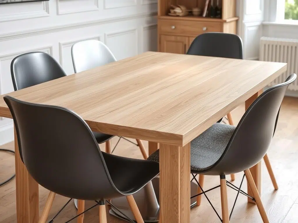 Verschillende materialen van stoelen bij een houten tafel Verschillende materialen van stoelen bij een houten tafel
