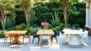 Verschillende materialen voor buitentafels waaronder teakhout, aluminium en polyethyleen