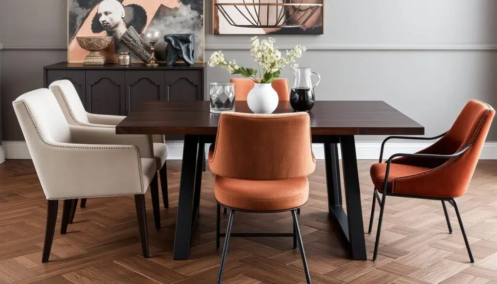 Verschillende materialen voor eetkamerstoelen bij een donkerbruine tafel Verschillende materialen voor eetkamerstoelen bij een donkerbruine tafel