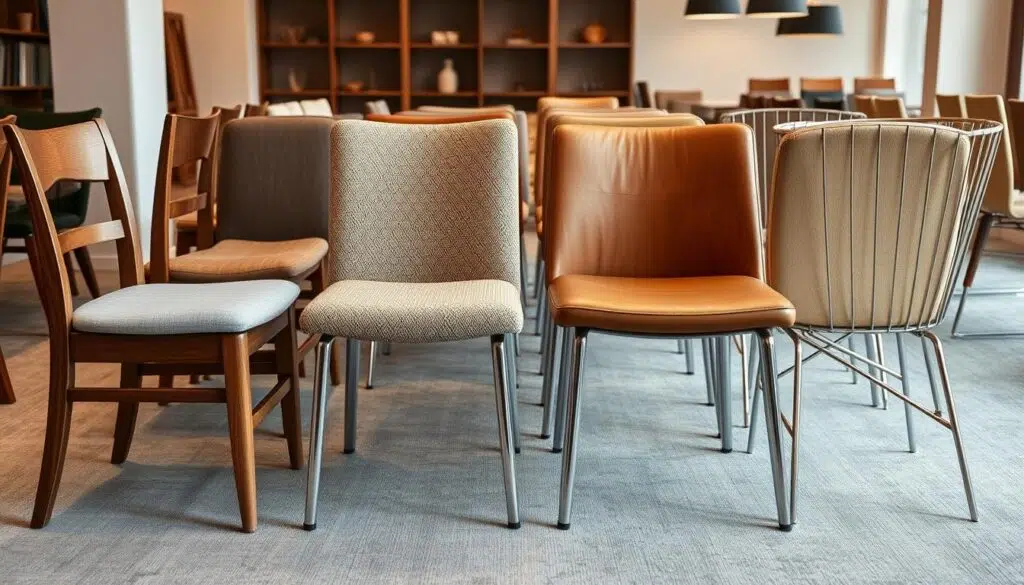 Verschillende materialen voor eetkamerstoelen, waaronder hout, stof, leer en metaal