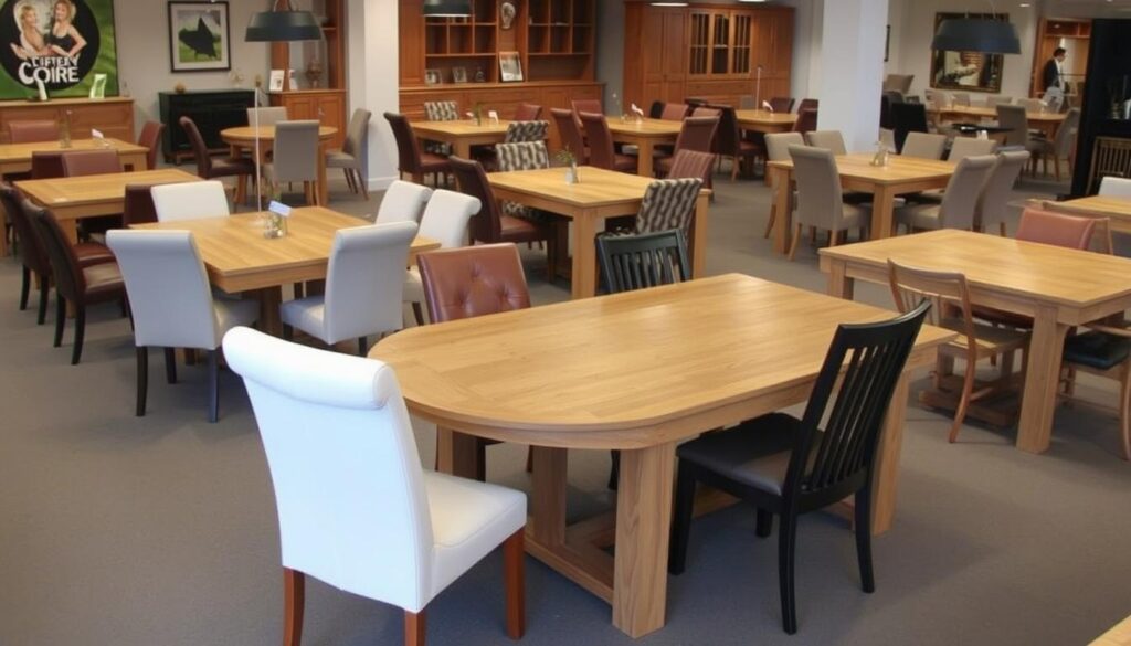 Verschillende materialen voor stoelen bij een eikenhouten eettafel Verschillende materialen voor stoelen bij een eikenhouten eettafel