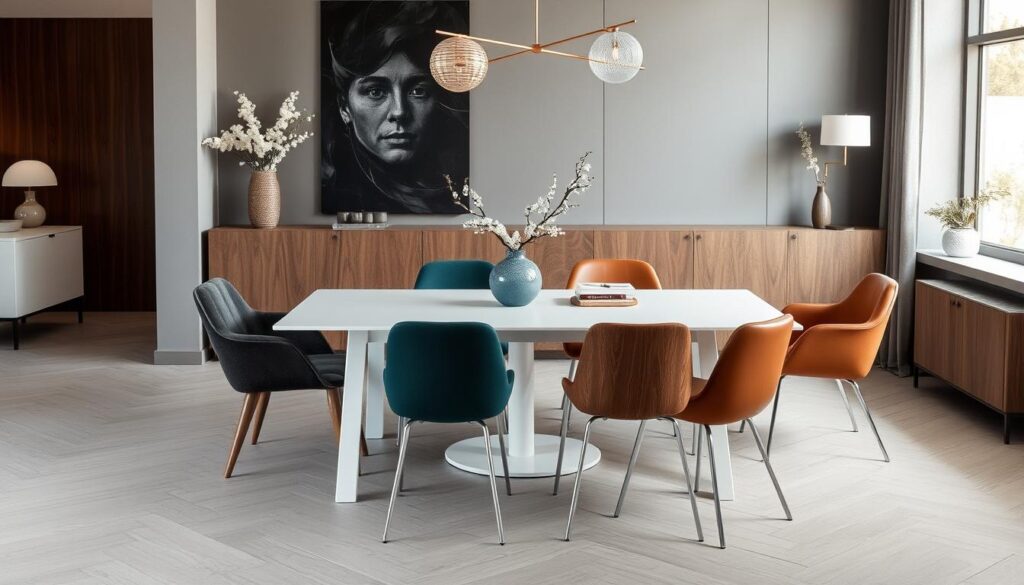 Verschillende materialen voor stoelen rondom een witte eettafel Verschillende materialen voor stoelen rondom een witte eettafel