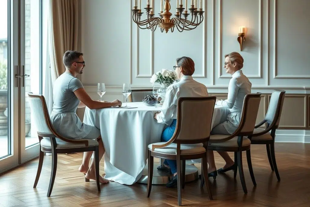 Verschillende personen aan een eettafel tonen hoe lichaamslengte de normale zithoogte van een eetkamerstoel beïnvloedt Verschillende personen aan een eettafel tonen hoe lichaamslengte de normale zithoogte van een eetkamerstoel beïnvloedt