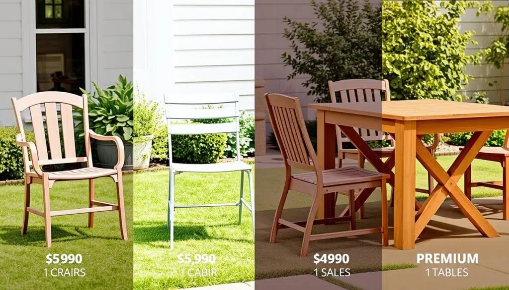Verschillende prijsklassen tuinstoelen naast houten tafels, van budgetvriendelijk tot premium, tuinstoelen bij houten tafel in verschillende prijsklassen Verschillende prijsklassen tuinstoelen naast houten tafels, van budgetvriendelijk tot premium, tuinstoelen bij houten tafel in verschillende prijsklassen