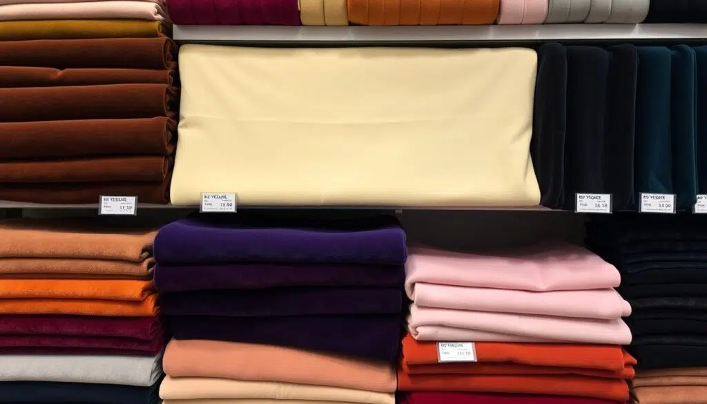 Verschillende prijsklassen van verloers en velvet stoffen in een stoffenwinkel Verschillende prijsklassen van verloers en velvet stoffen in een stoffenwinkel