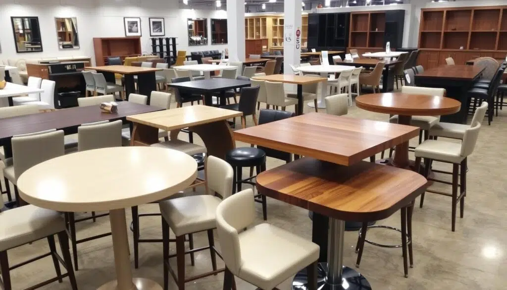 Verschillende soorten bartafels in een showroom met hoge tafel en stoelen Verschillende soorten bartafels in een showroom met hoge tafel en stoelen