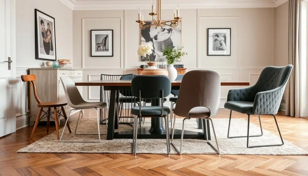 Verschillende soorten eetkamerstoelen in een stijlvolle eetkamer met variërende materialen zoals hout, metaal en bekleding