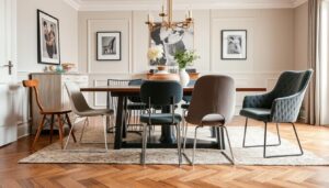 Verschillende soorten eetkamerstoelen in een stijlvolle eetkamer met variërende materialen zoals hout, metaal en bekleding