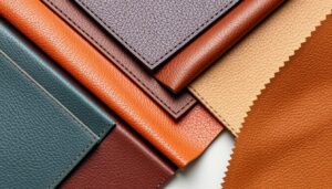 Stapel van imitatieleren stoffen in verschillende kleuren en texturen, waaronder bruin, oranje, groen en beige.