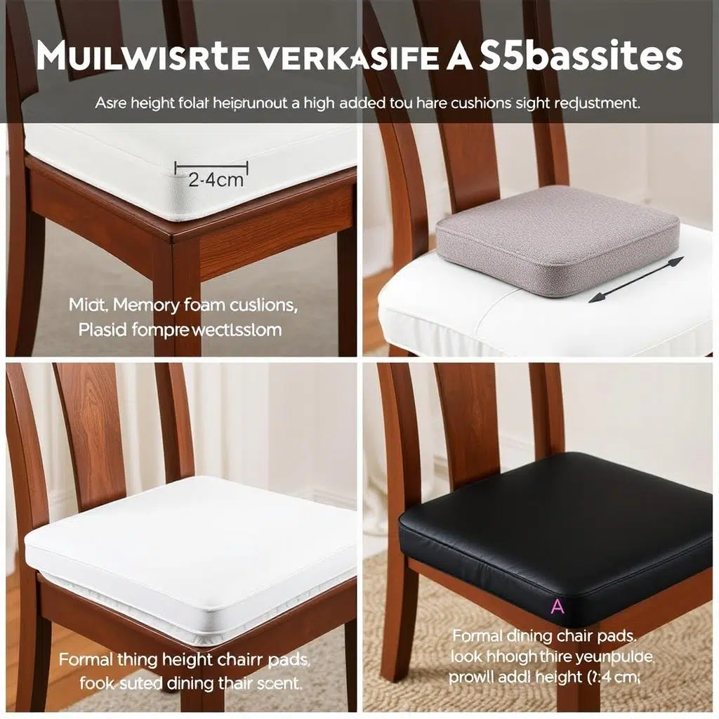 Verschillende soorten kussens en zitverhogingen voor stoelen bij een tafel van 74 cm Verschillende soorten kussens en zitverhogingen voor stoelen bij een tafel van 74 cm