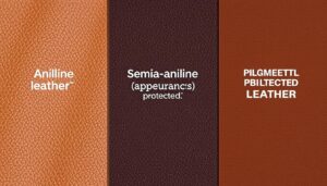 Verschillende soorten leer met labels die aniline, semi-aniline, en gedekverfd leer tonen