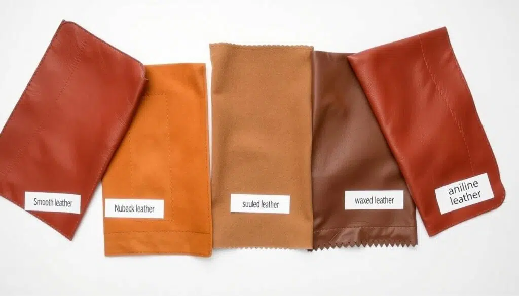 Verschillende soorten leer met labels die de geschiktheid voor azijn schoonmaken tonen