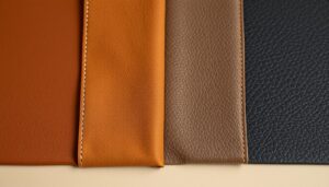 Verschillende soorten leer naast elkaar gelegd met duidelijke textuurverschillen