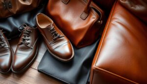 Verschillende soorten leren producten die onderhoud nodig hebben, waaronder schoenen, tassen en een leren bank