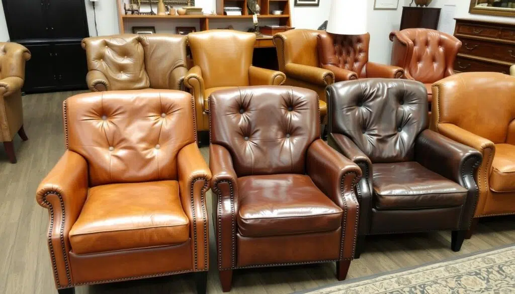 Verschillende soorten leren stoelen met zichtbare nadelen van leren stoelen in verschillende gebruiksstadia Verschillende soorten leren stoelen met zichtbare nadelen van leren stoelen in verschillende gebruiksstadia