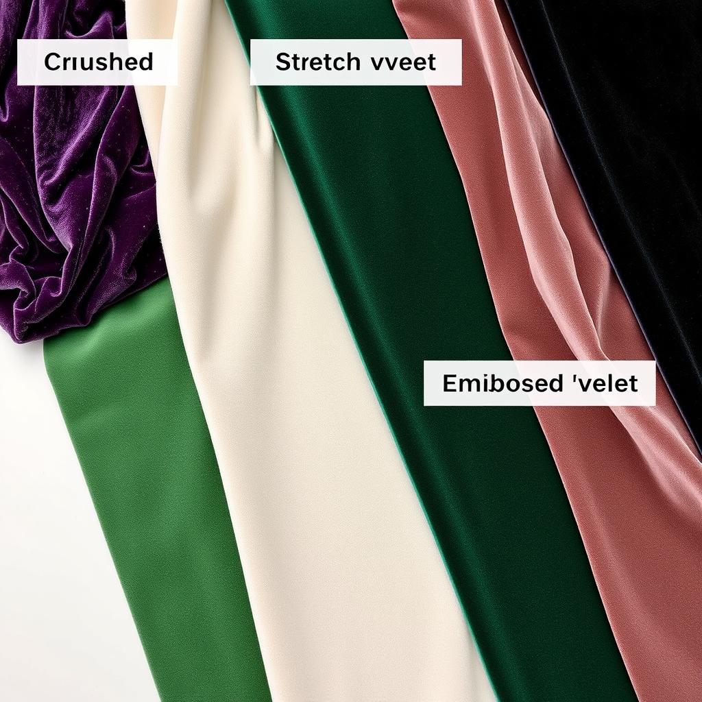 Verschillende soorten velvet stof naast elkaar gelegd, waaronder crushed velvet en embossed velvet Verschillende soorten velvet stof naast elkaar gelegd, waaronder crushed velvet en embossed velvet