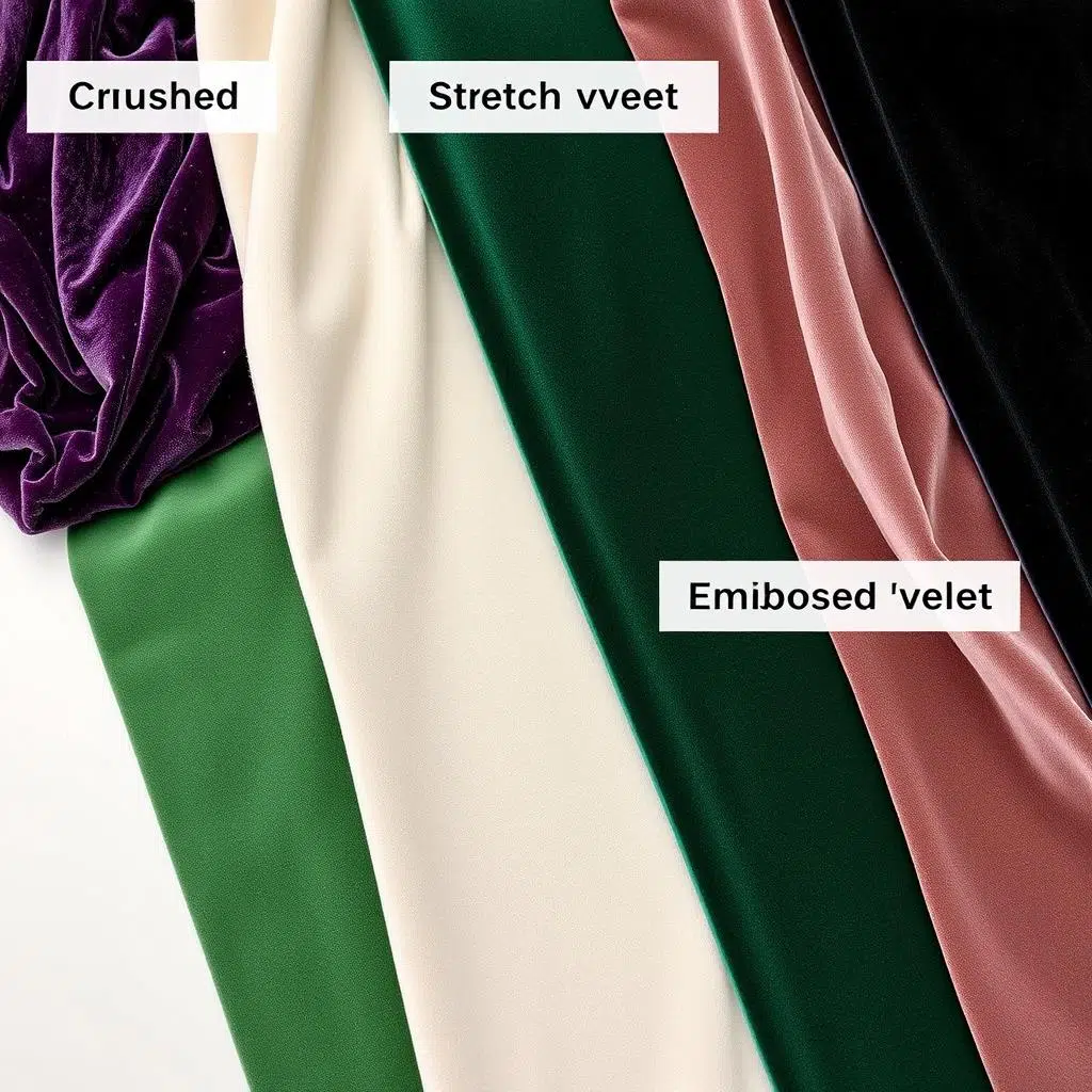 Verschillende soorten velvet stof naast elkaar gelegd, waaronder crushed velvet en embossed velvet Verschillende soorten velvet stof naast elkaar gelegd, waaronder crushed velvet en embossed velvet