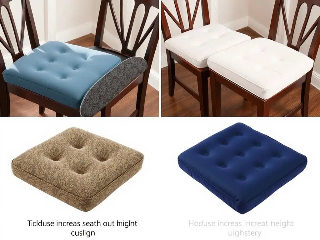 Verschillende soorten zitkussens en bekledingsopties om eetkamerstoelen hoger te maken Verschillende soorten zitkussens en bekledingsopties om eetkamerstoelen hoger te maken