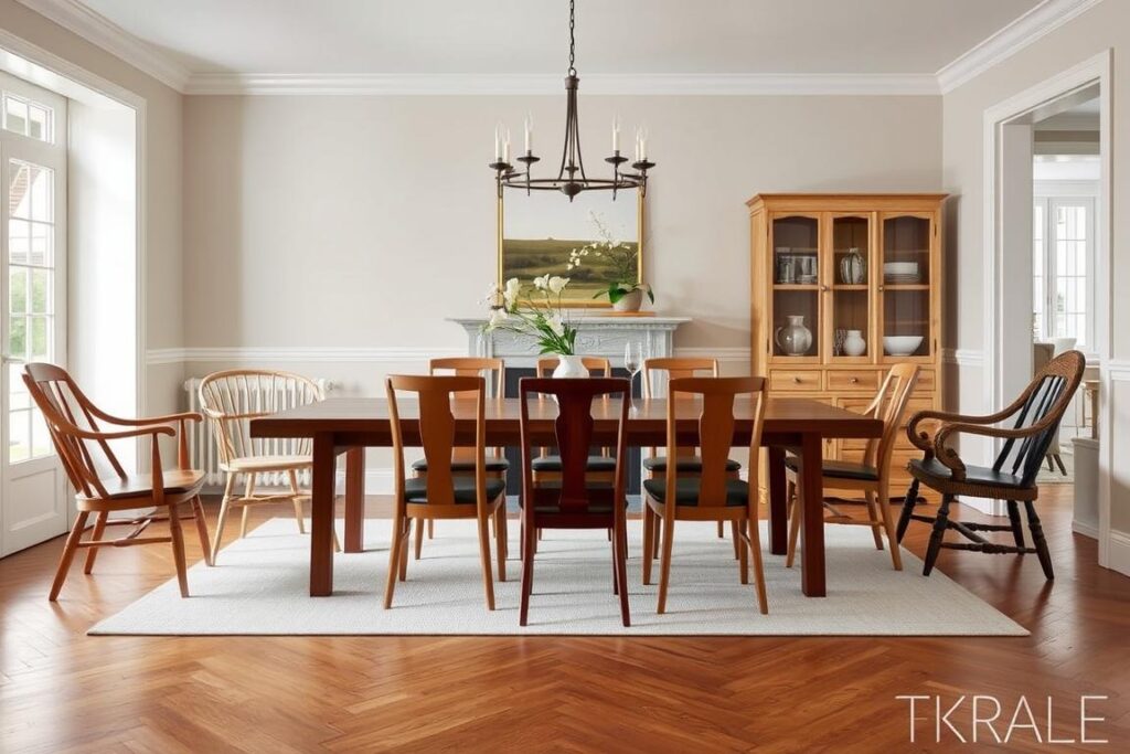 Verschillende stijlen carver eetkamerstoelen in één interieur Verschillende stijlen carver eetkamerstoelen in één interieur