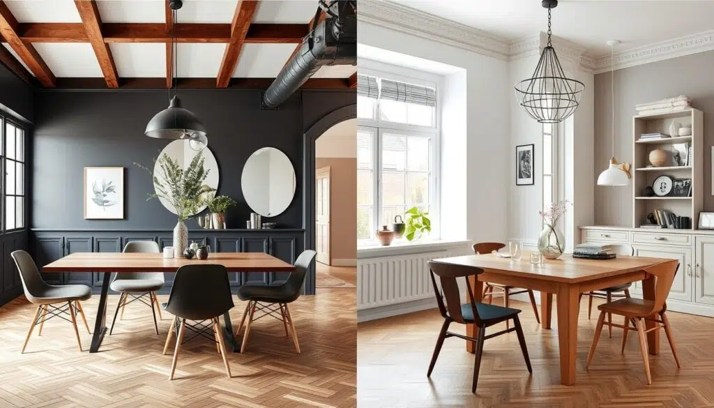Verschillende stijlen eetkamerstoelen in diverse interieurs, van modern tot landelijk