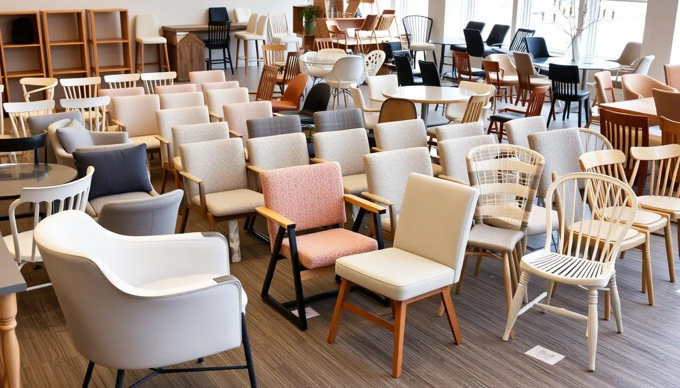 Verschillende stoelen gerangschikt in een showroom