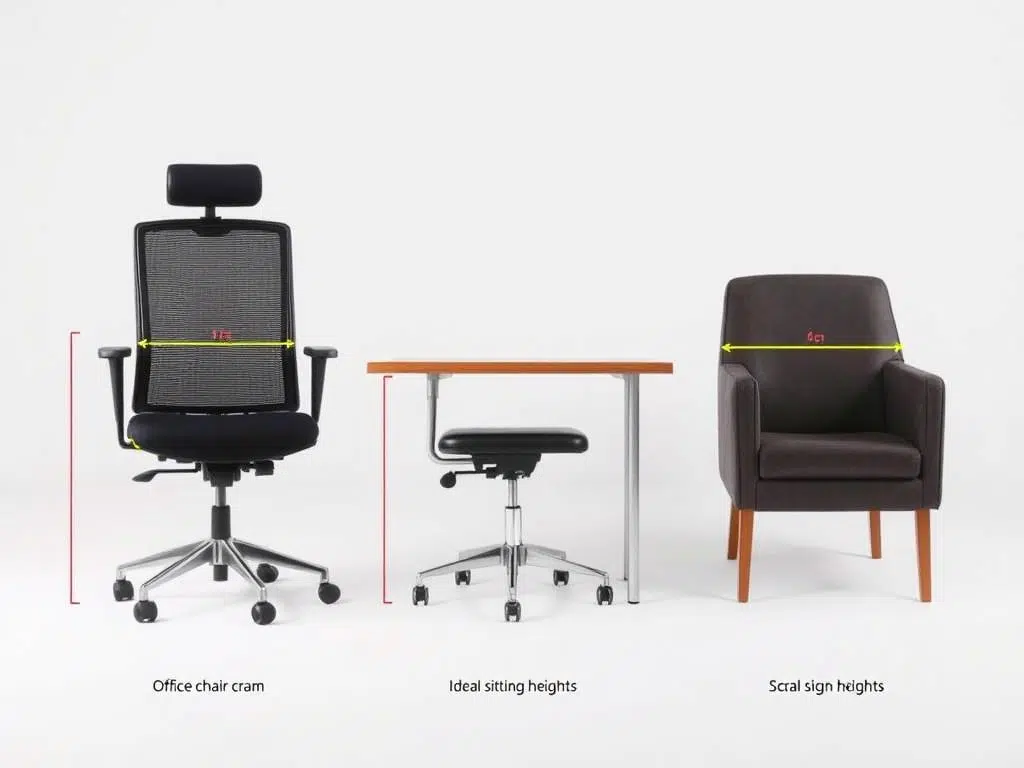 Verschillende stoelen met aanduiding van de fijne zithoogte voor verschillende activiteiten Verschillende stoelen met aanduiding van de fijne zithoogte voor verschillende activiteiten