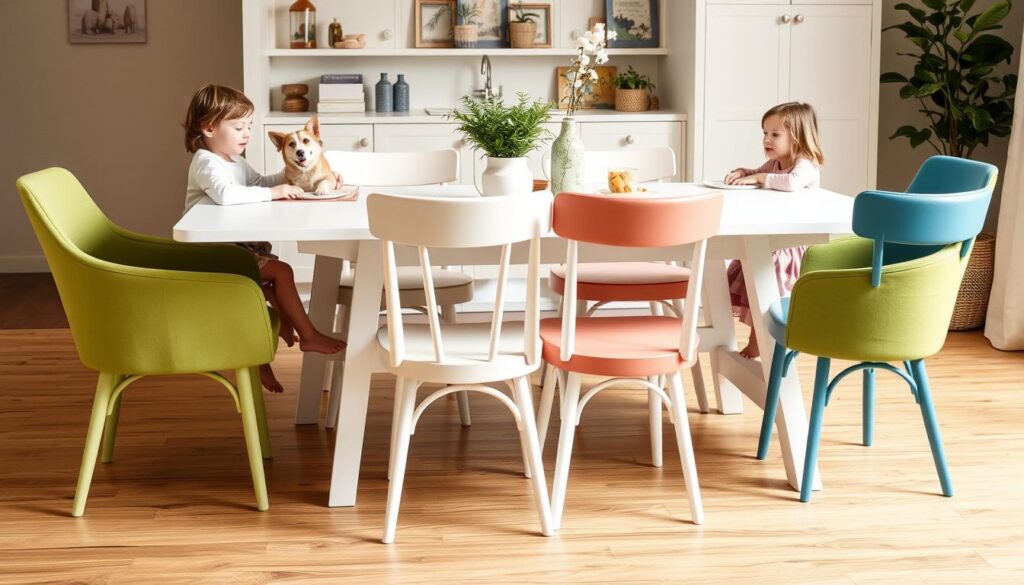 Verschillende stoelkleuren in een praktische setting met kinderen en huisdieren Verschillende stoelkleuren in een praktische setting met kinderen en huisdieren