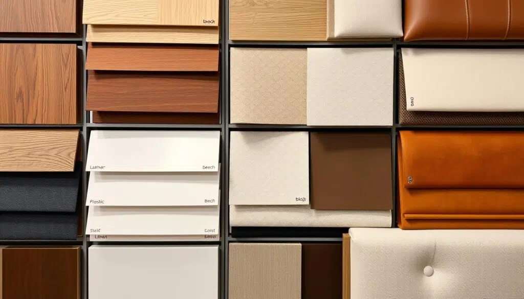Verschillende stoelmaterialen getoond: hout, metaal, kunststof en diverse bekledingsstoffen Verschillende stoelmaterialen getoond: hout, metaal, kunststof en diverse bekledingsstoffen