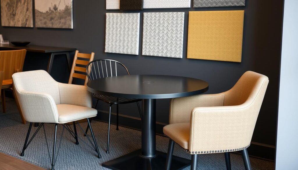 Verschillende stoelmaterialen getoond naast een donkere tafel: hout, metaal, textiel en leder Verschillende stoelmaterialen getoond naast een donkere tafel: hout, metaal, textiel en leder
