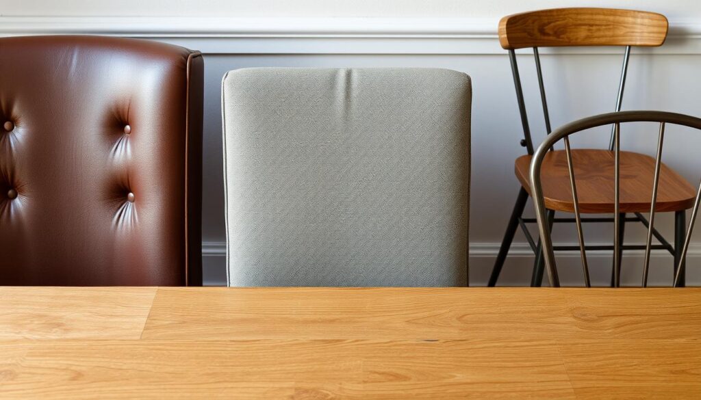 Verschillende stoelmaterialen naast een eiken tafel Verschillende stoelmaterialen naast een eiken tafel