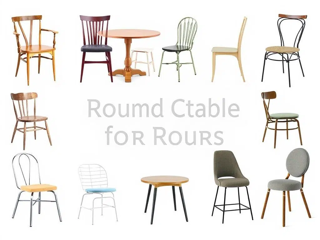 Verschillende stoeltypes die goed passen bij een ronde tafel, waaronder eetkamerstoelen met armleuningen Verschillende stoeltypes die goed passen bij een ronde tafel, waaronder eetkamerstoelen met armleuningen