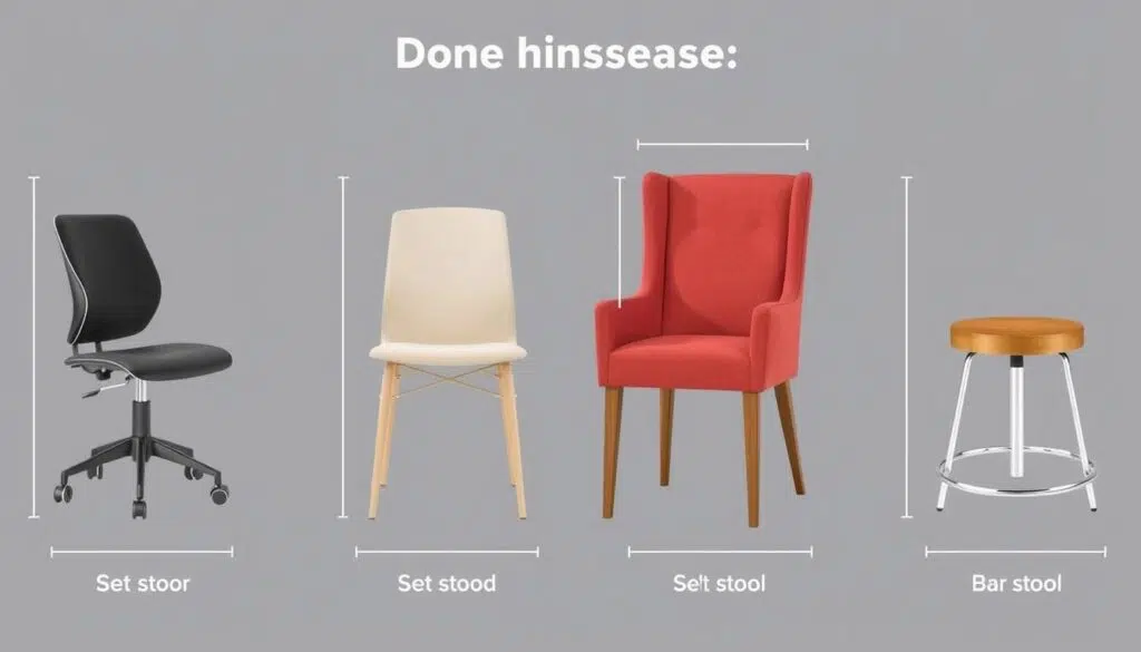 Verschillende stoeltypes met hun ideale zithoogtes voor verschillende toepassingen Verschillende stoeltypes met hun ideale zithoogtes voor verschillende toepassingen