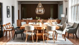 Verschillende stoeltypes rondom een houten eettafel