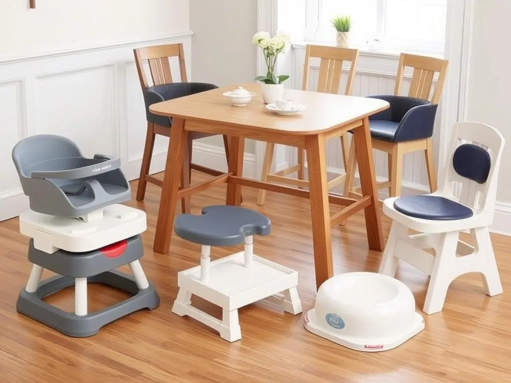 Verschillende stoelverhogers en aanpassingen voor kinderen bij een tafel van 74 cm Verschillende stoelverhogers en aanpassingen voor kinderen bij een tafel van 74 cm